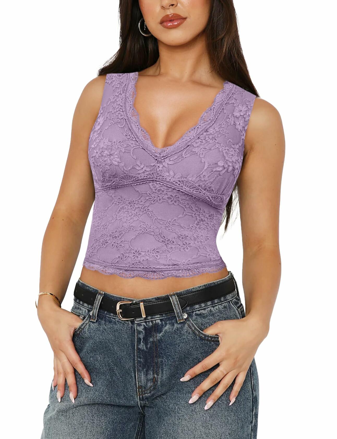 SAUNGKUAI Women's Sexy V Neck Sleeveless Lace Floral Top PinkPurple Size XL