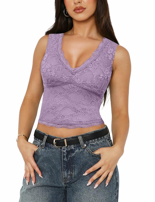 SAUNGKUAI Women's Sexy V Neck Sleeveless Lace Floral Top PinkPurple Size XL