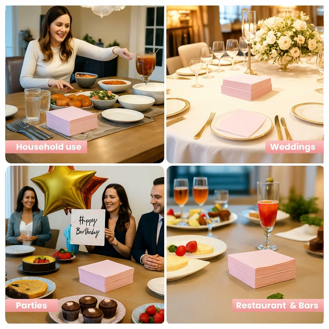 MalMall 100-Pack Airlaid Pink Cocktail Napkins 1-Ply 4.9x4.9in Soft Absorbent