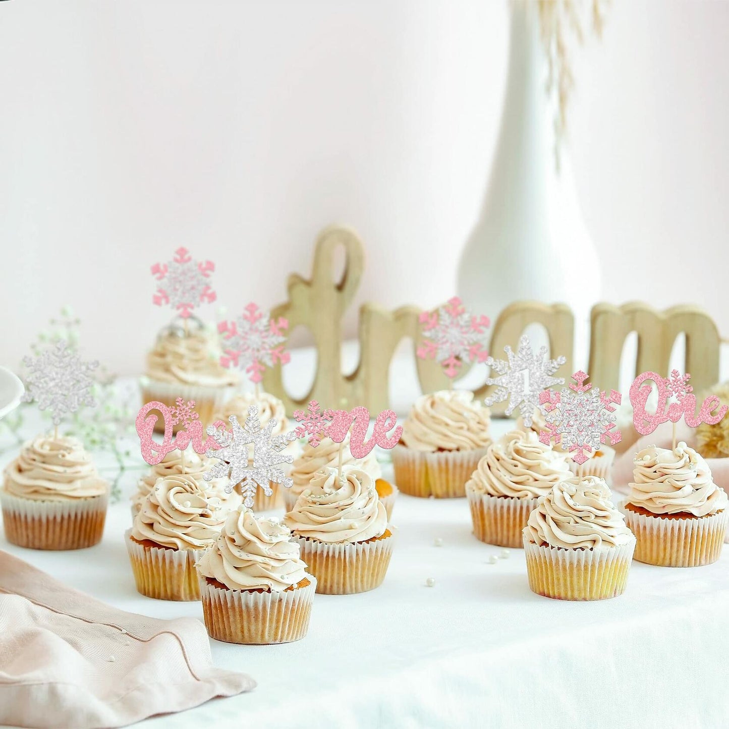 Gyufise 24Pcs Double Layer Pink Glitter Snowflake Cupcake Toppers Paper