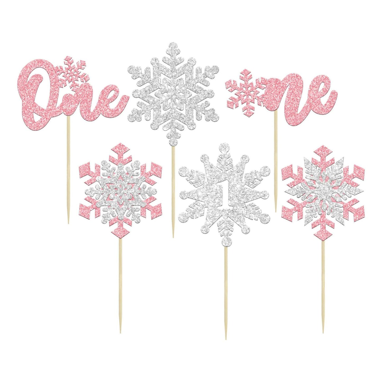 Gyufise 24Pcs Double Layer Pink Glitter Snowflake Cupcake Toppers Paper