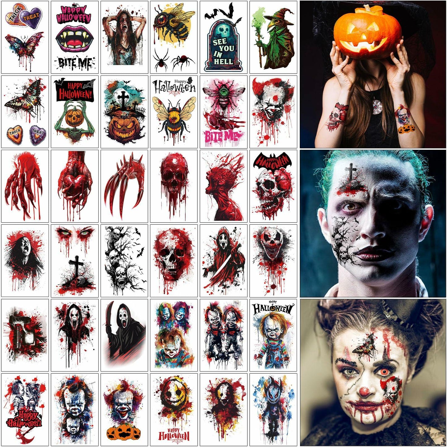 Halloween Temporary Tattoos 36 Sheets Scary Joker Pumpkin Skull Ghost Bats