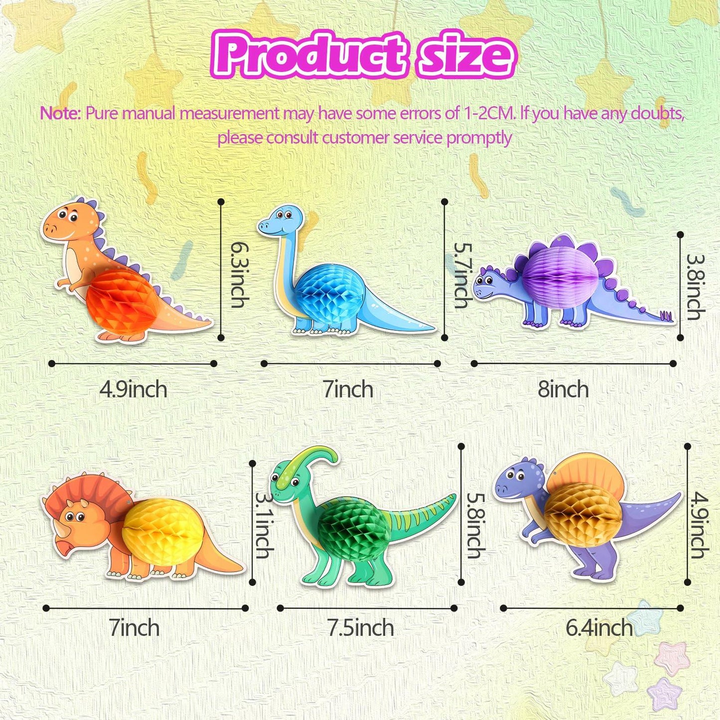 Qquetiee 6 Pcs Dinosaur Birthday Decorations Honeycomb Balls Hanging Swirls