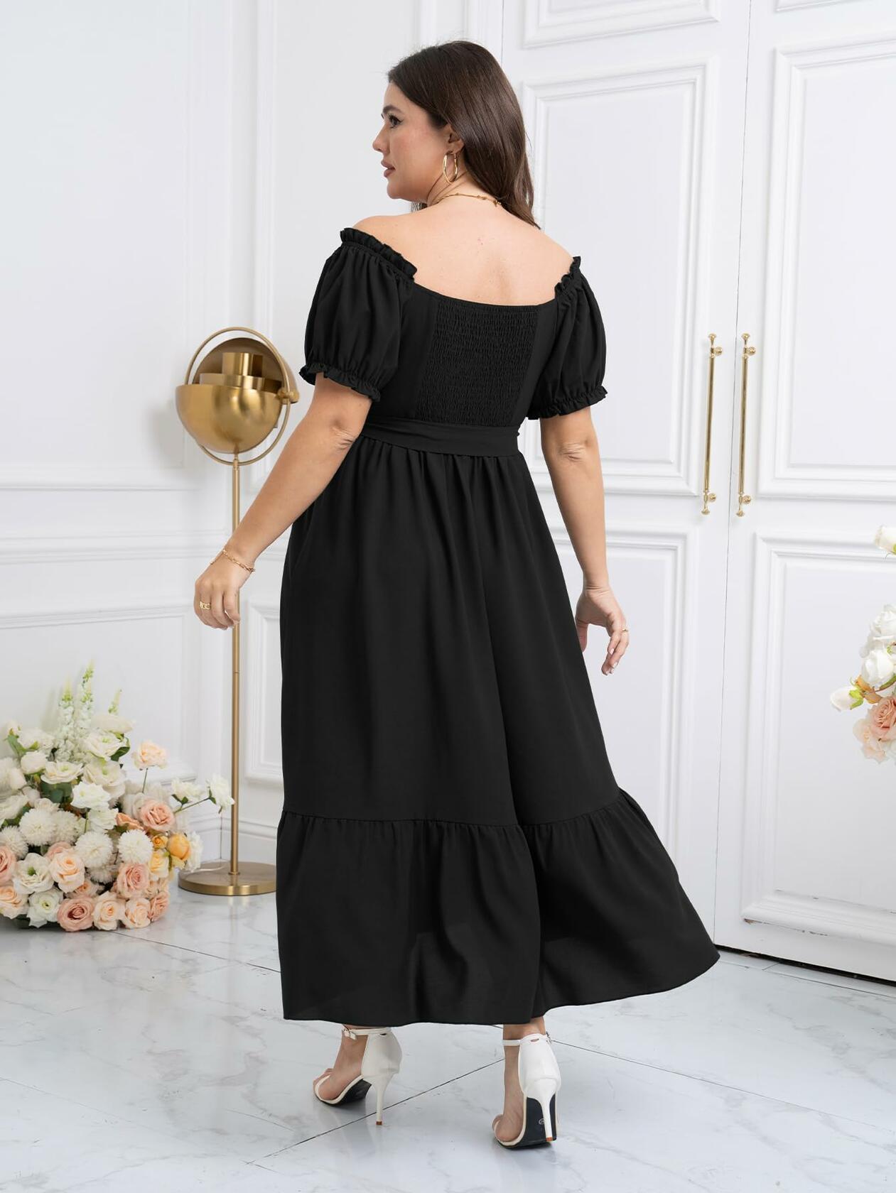 SCOMCHIC Plus Size Off Shoulder Puff Sleeve Maxi Dress Belt Black Size 3X