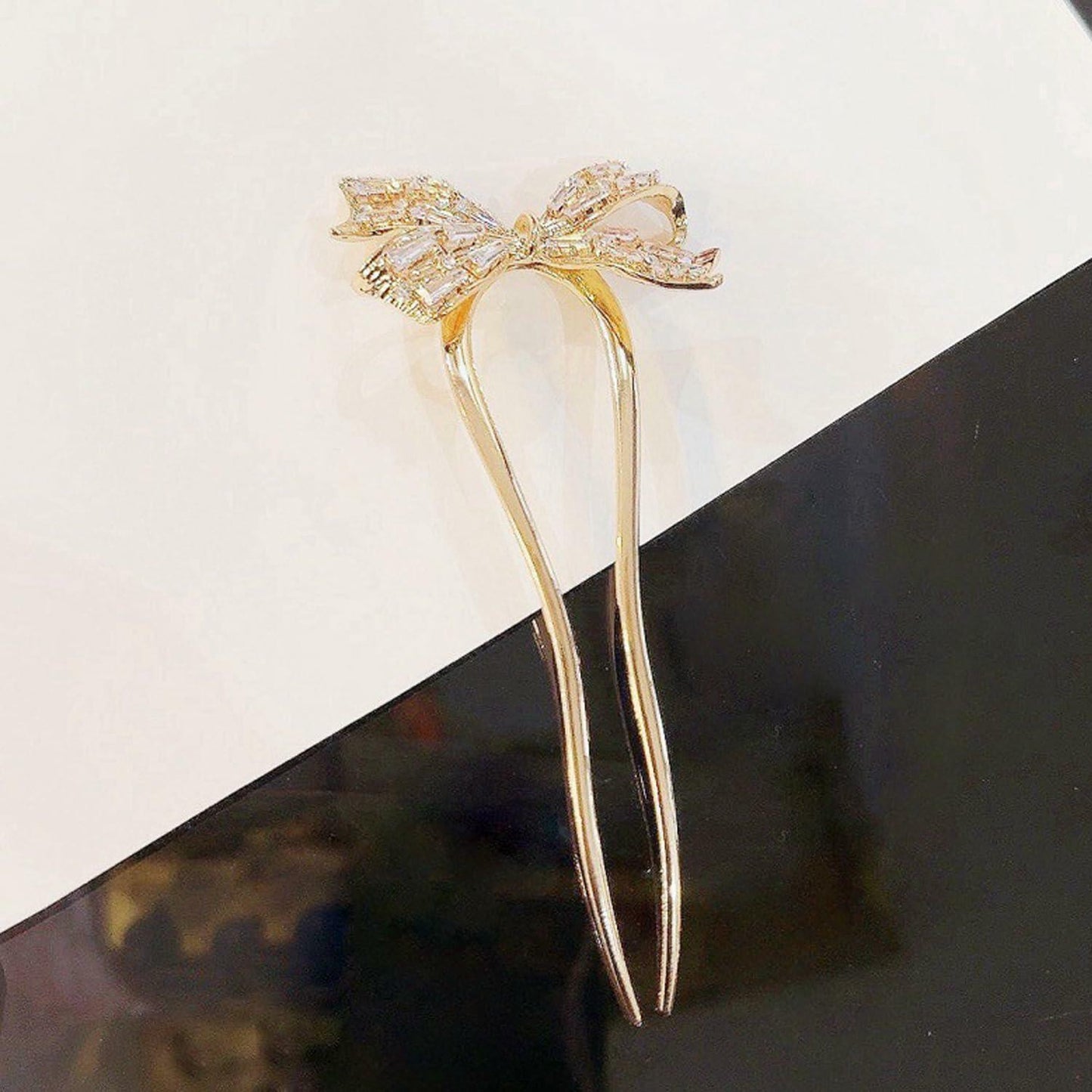 LUOTIVON Large Gold Rhinestone Bow Hair Pin Metal Hair Fork for Women