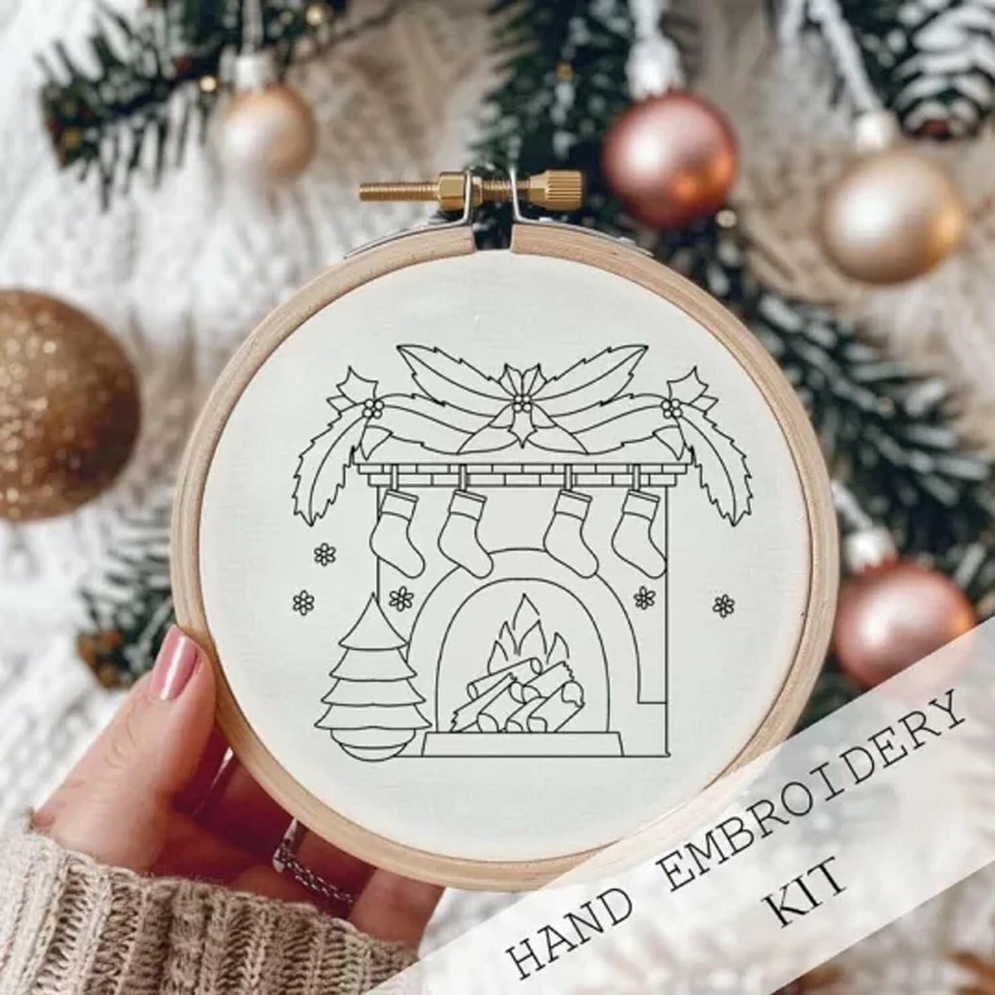 OVLADA Christmas Embroidery Kit DIY Adults&Kids Starter Stamped Pattern White A