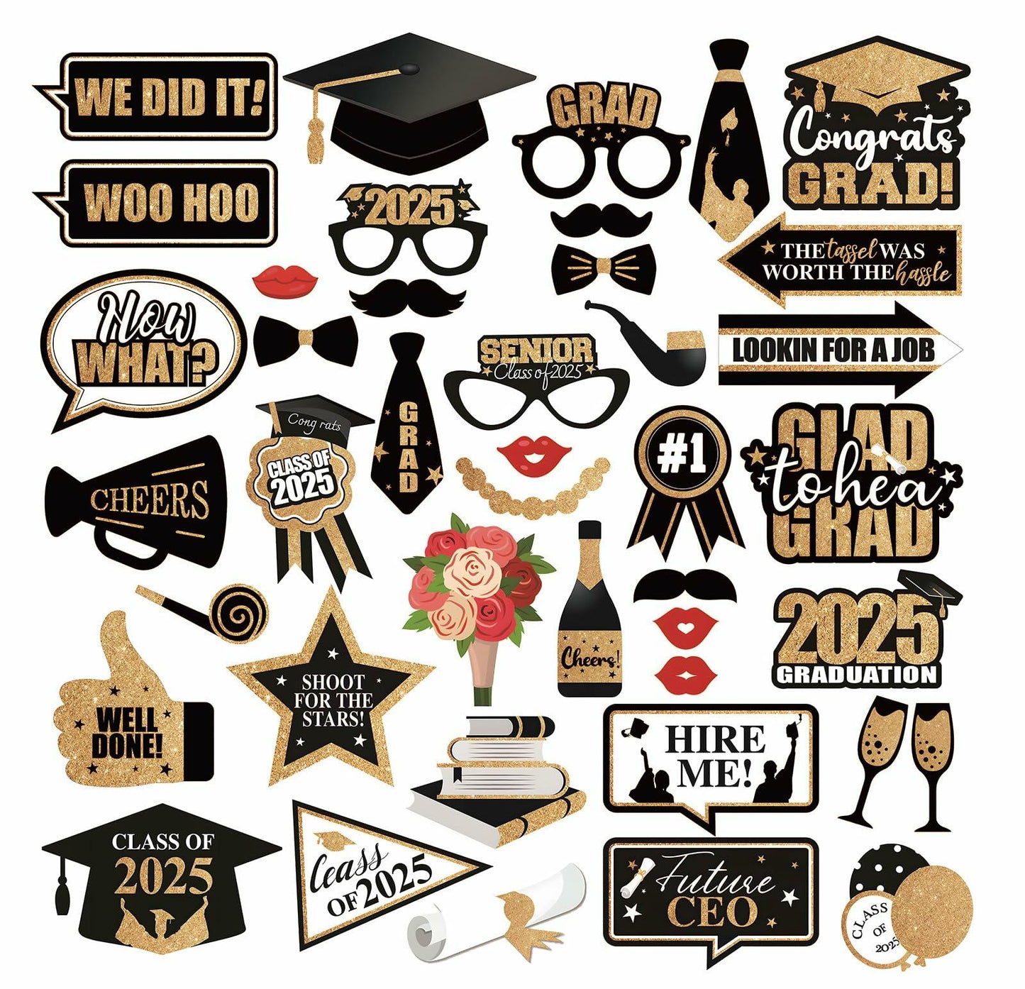 CRAWPROP 41PCS Graduation Party Photo Booth Props Class of 2025 Black