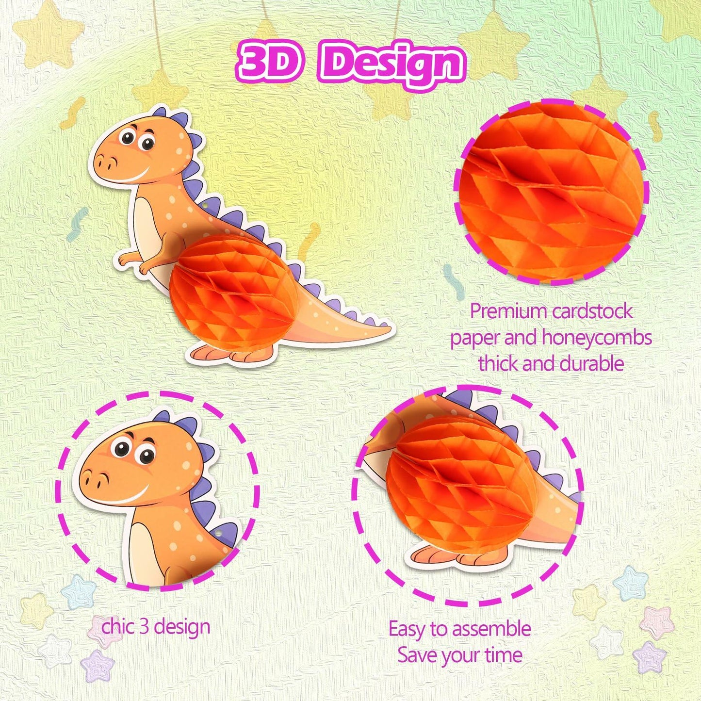 Qquetiee 6 Pcs Dinosaur Birthday Decorations Honeycomb Balls Hanging Swirls