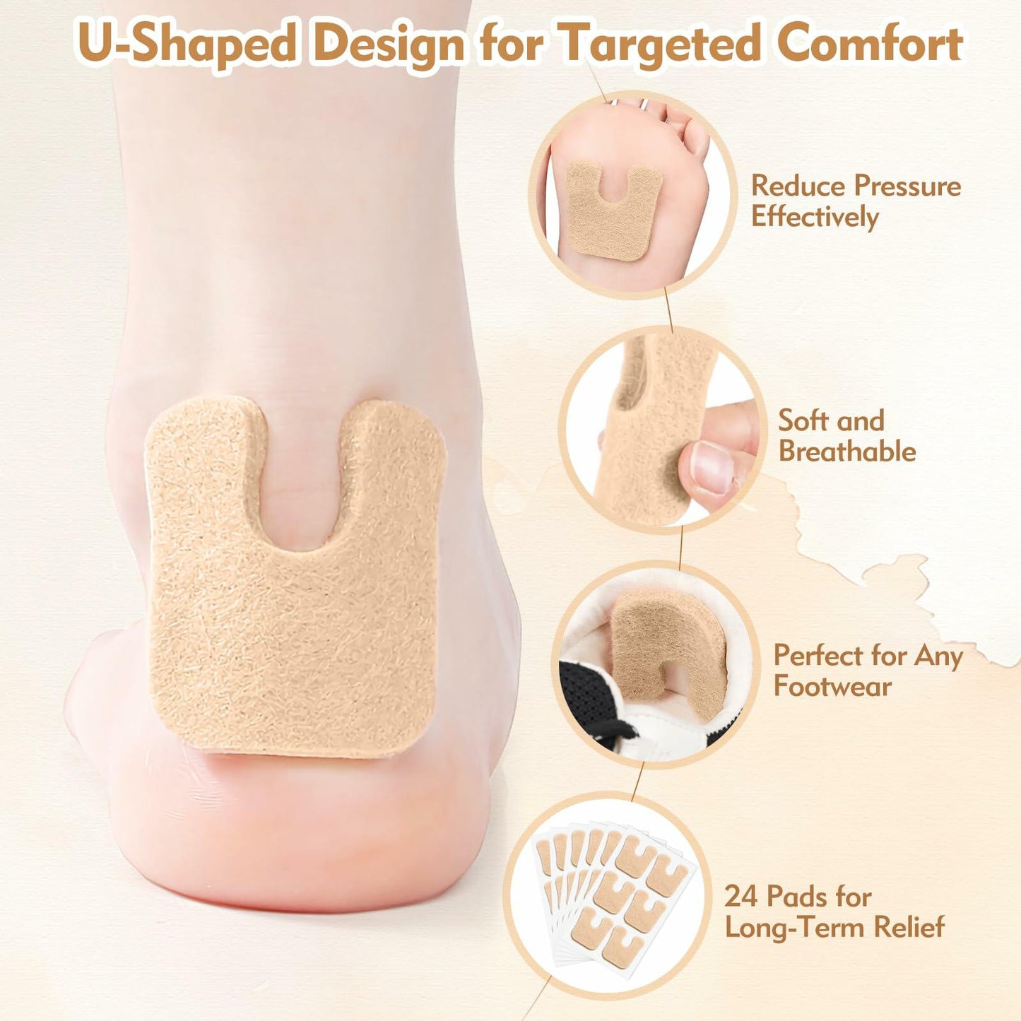 HiShutiao 24 Pcs U-Shaped Felt Callus Pads Beige Self Adhesive Foot Pain Relief