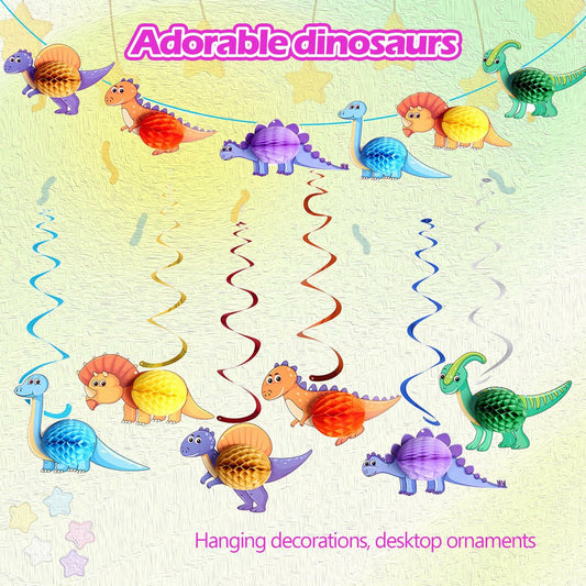 Qquetiee 6 Pcs Dinosaur Birthday Decorations Honeycomb Balls Hanging Swirls