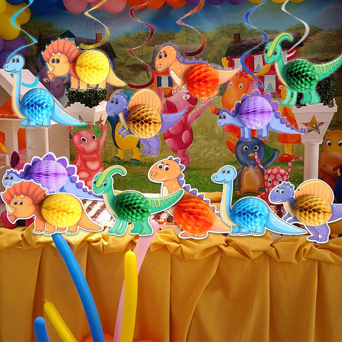 Qquetiee 6 Pcs Dinosaur Birthday Decorations Honeycomb Balls Hanging Swirls