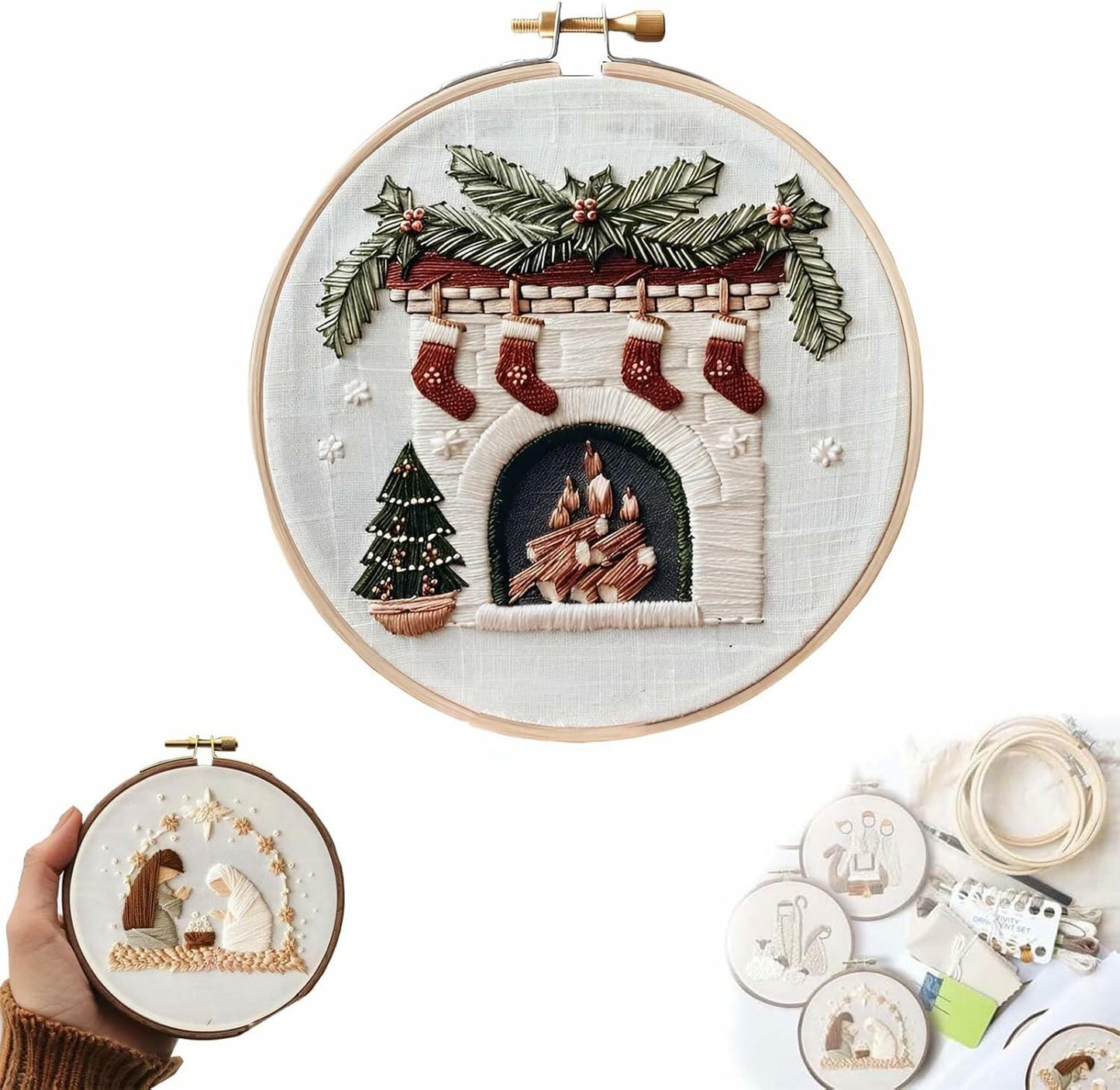 OVLADA Christmas Embroidery Kit DIY Adults&Kids Starter Stamped Pattern White A