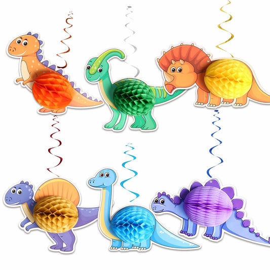 Qquetiee 6 Pcs Dinosaur Birthday Decorations Honeycomb Balls Hanging Swirls