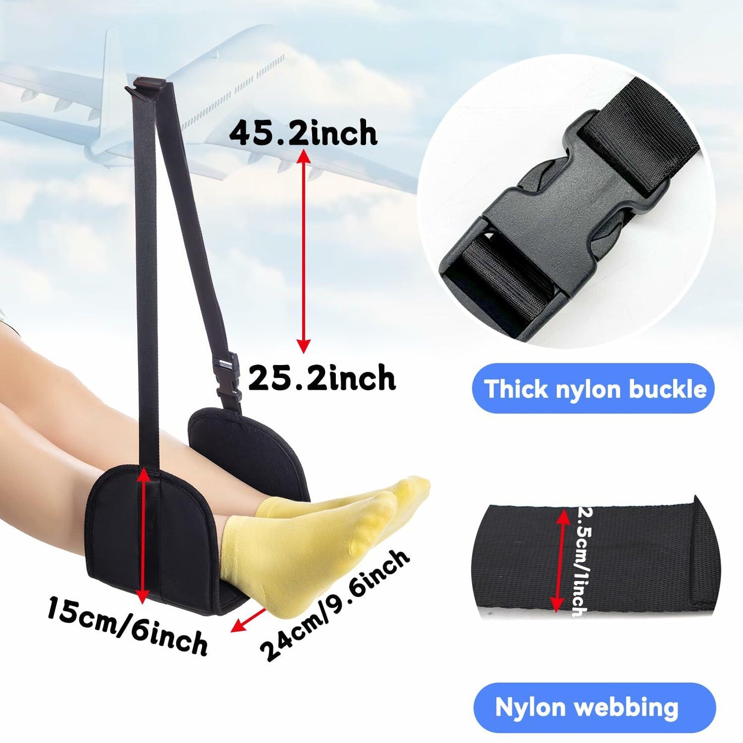Perfitel Adjustable Travel Foot Hammock Airplane Footrest Black 1 Pack