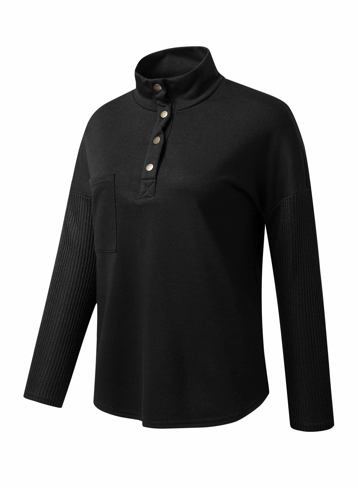 SHEWIN Women Oversized Sweatshirt Button Up Fall Spring Soft Loose Top Black 2XL