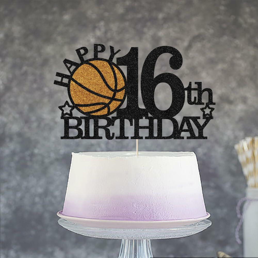 Klionjor Basketball 16th Birthday Cake Topper Black Glitter 16 Count Cardboard