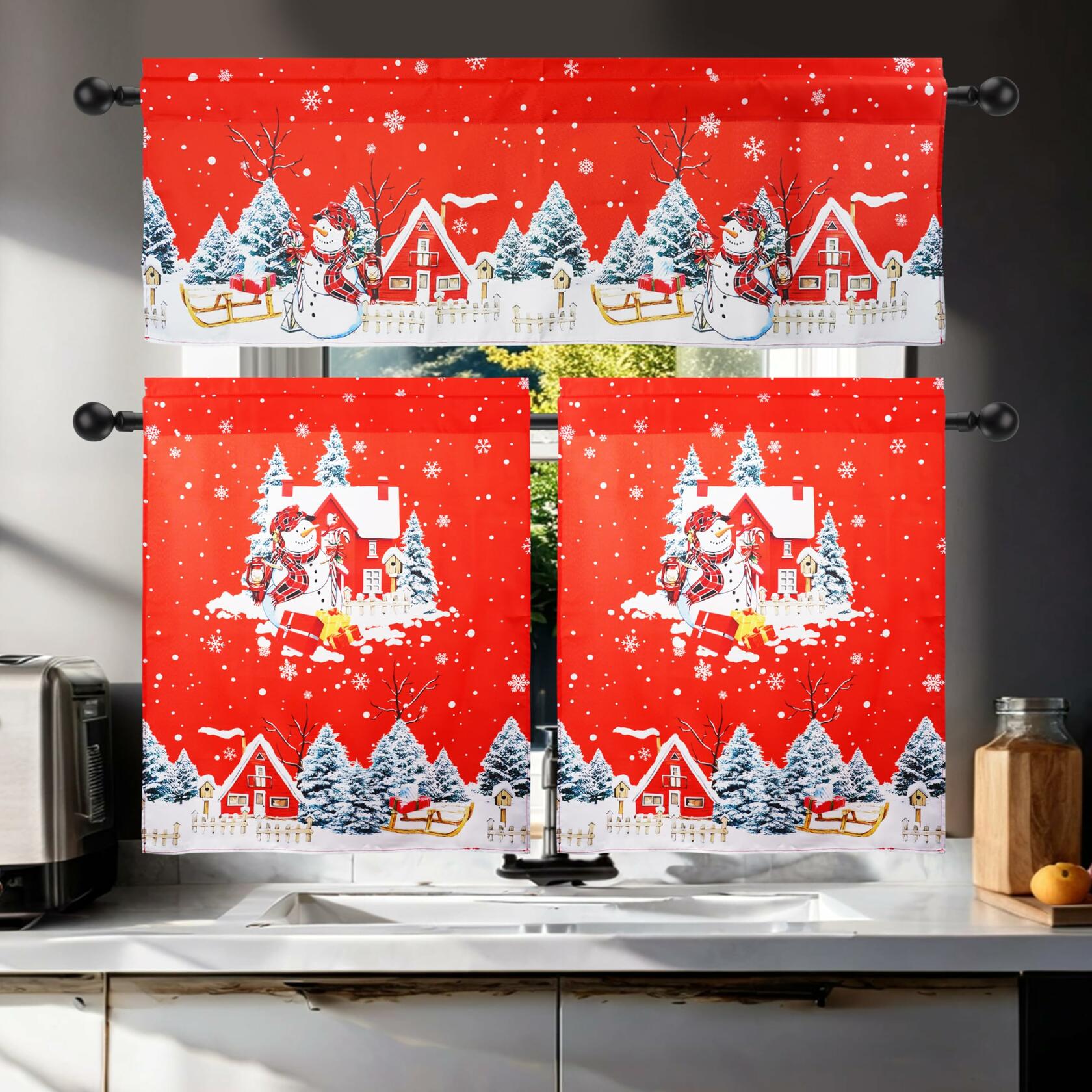 aiwkjdns 3 Piece Christmas Kitchen Window Curtains Set Red Rayon 27.5x36 in