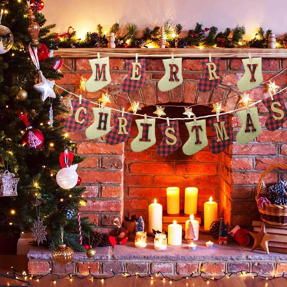 KINNJAS Merry Christmas Burlap Sock Banner 28 Piece Cotton Decoration