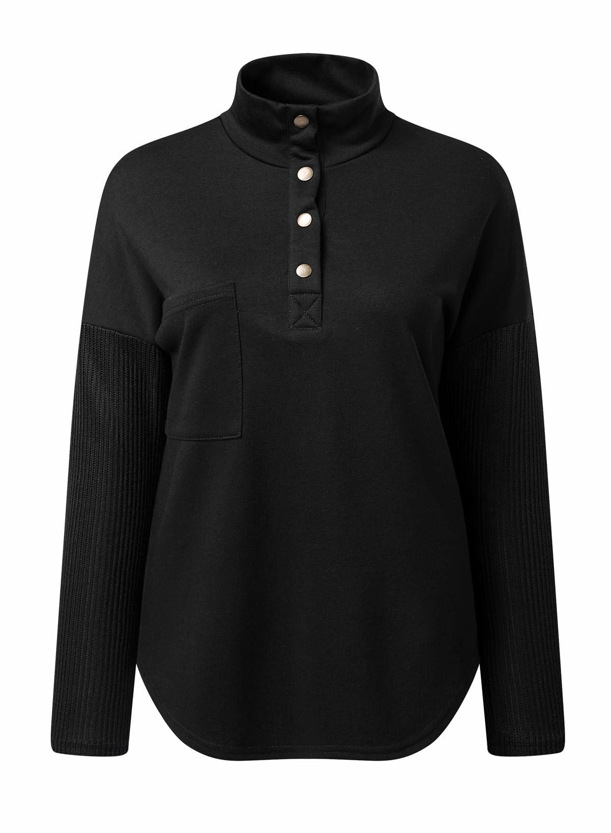 SHEWIN Women Oversized Sweatshirt Button Up Fall Spring Soft Loose Top Black 2XL