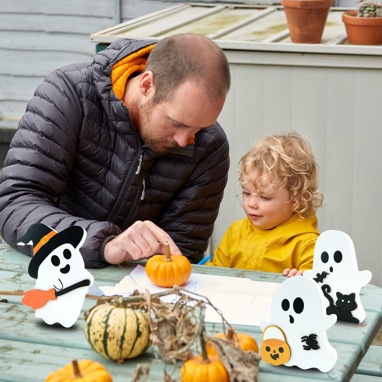 MYUPDALIN Halloween Indoor Decor 3PCS Wooden Ghost Cat Bat Witch Black