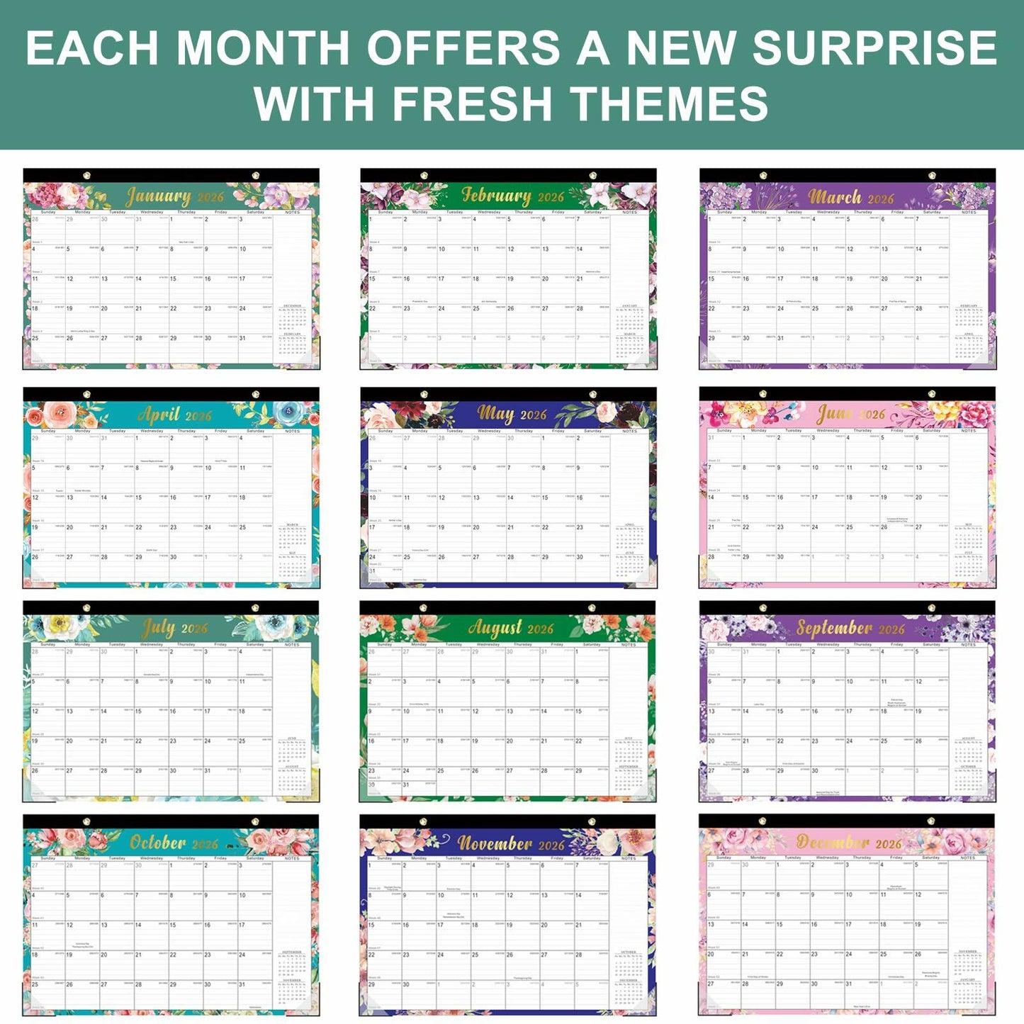 Lbylyhxc 2026 18-Month Desk Calendar Flowers 17x12 inches