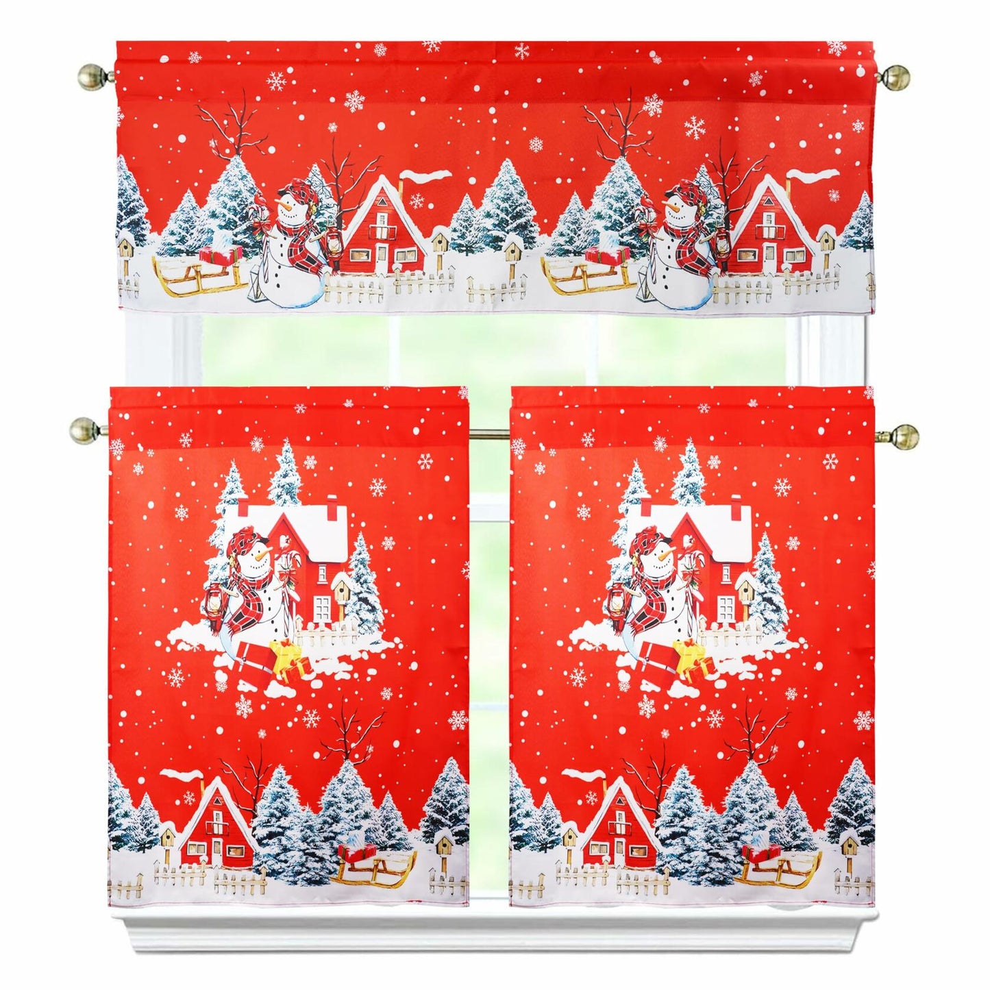 aiwkjdns 3 Piece Christmas Kitchen Window Curtains Set Red Rayon 27.5x36 in