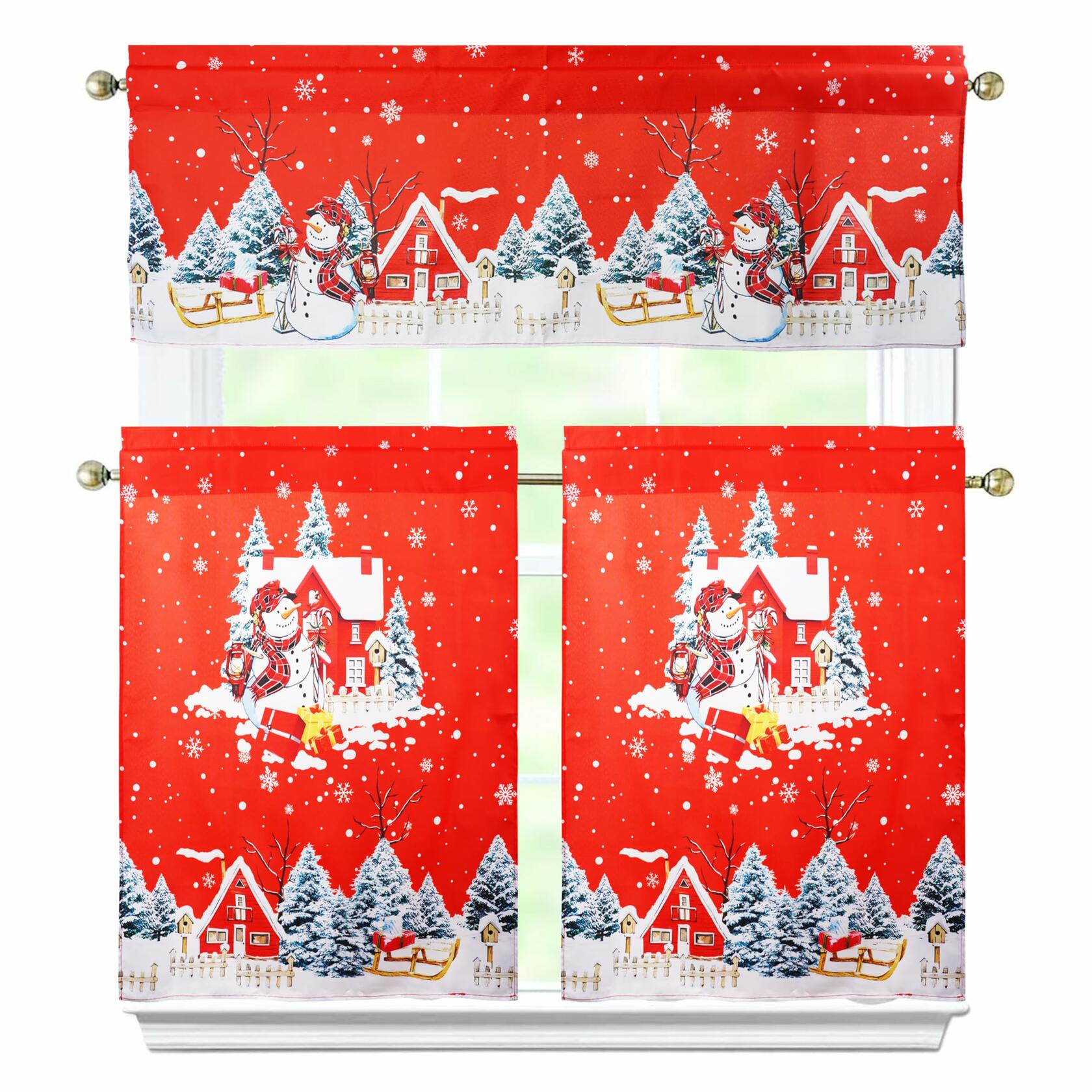 aiwkjdns 3 Piece Christmas Kitchen Window Curtains Set Red Rayon 27.5x36 in