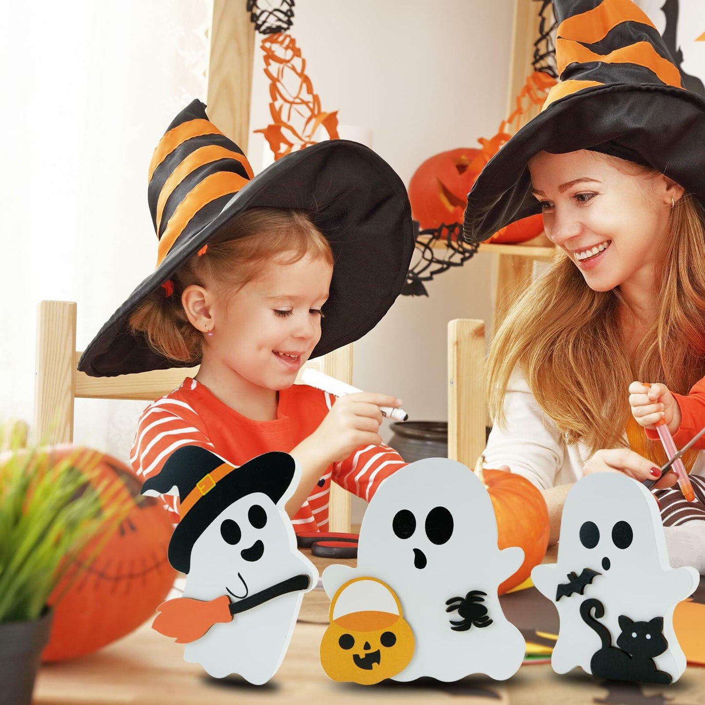 MYUPDALIN Halloween Indoor Decor 3PCS Wooden Ghost Cat Bat Witch Black