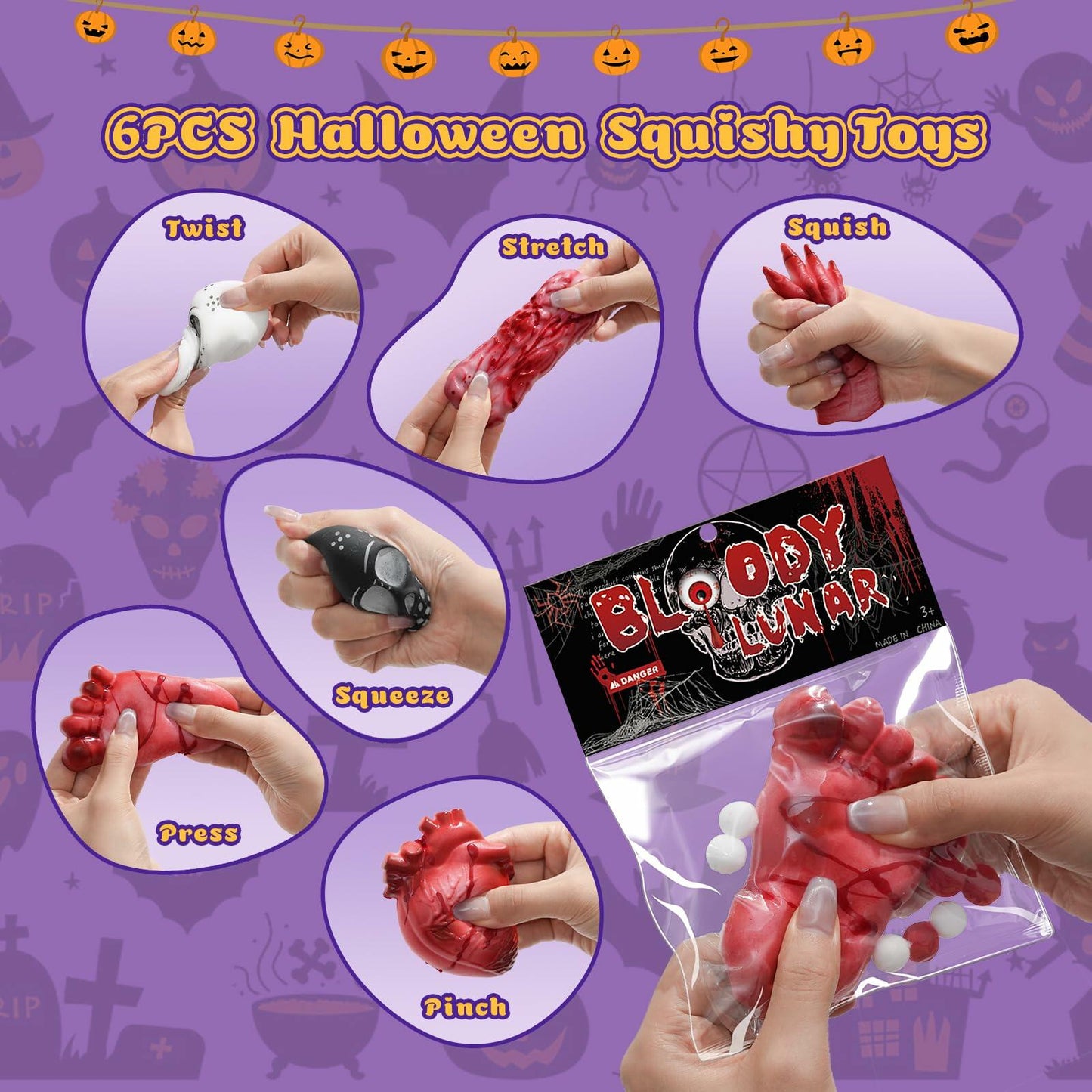 EUOCENK 6PCS Halloween Squishy Kit Stress Relief Toys Red White Black