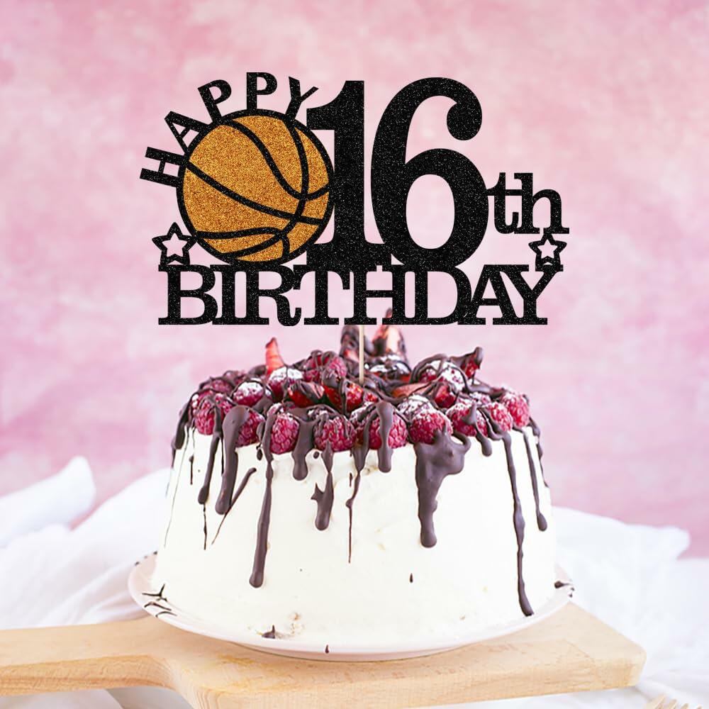 Klionjor Basketball 16th Birthday Cake Topper Black Glitter 16 Count Cardboard