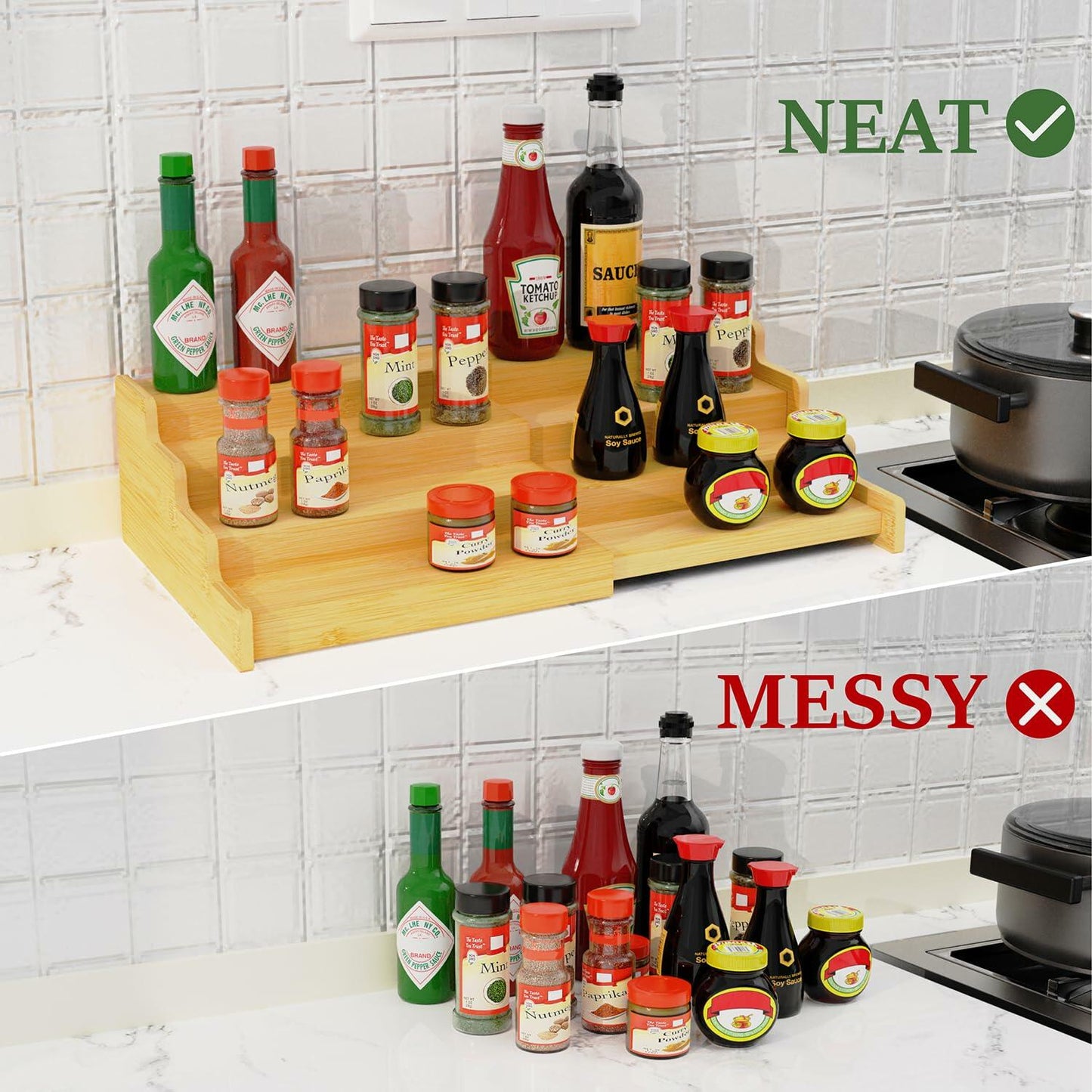 VOPOG 4 Tier Expandable Bamboo Spice Rack Organizer Brown Set of 2