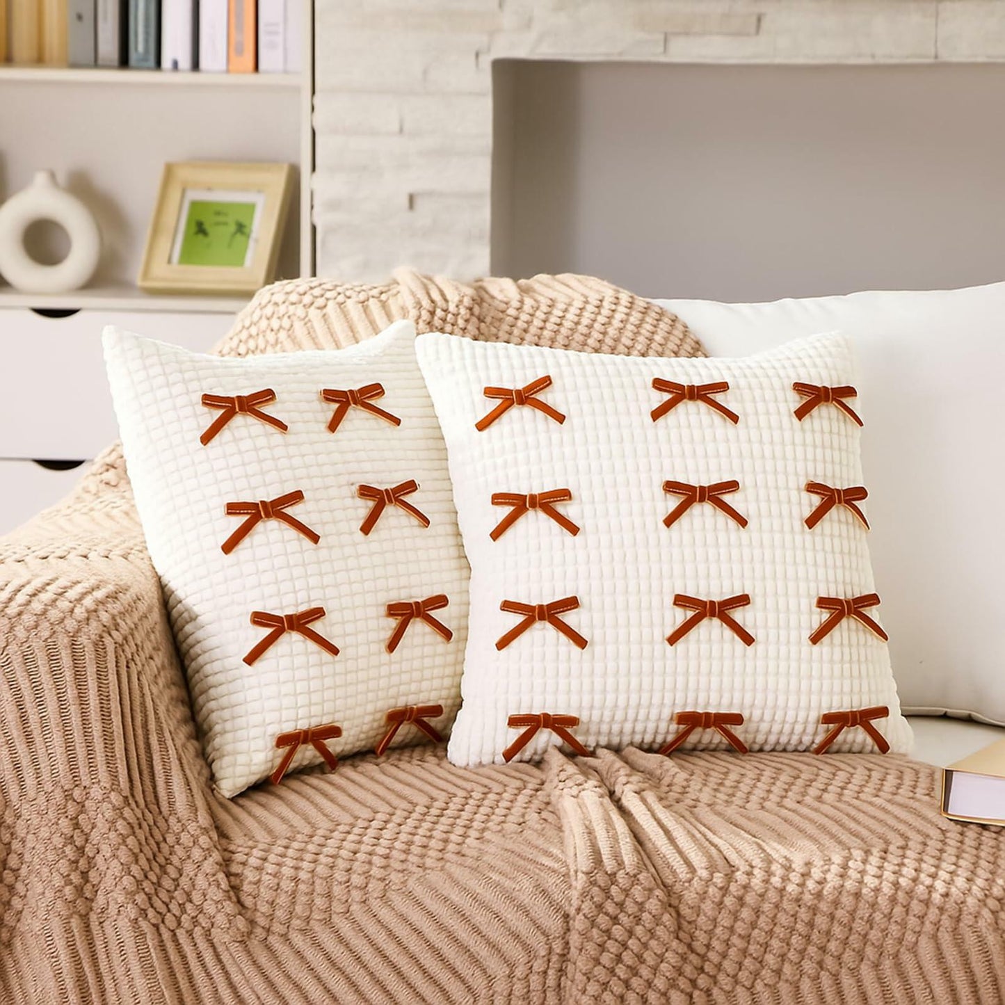 Newwiee Boho Decorative Throw Pillow Covers 18x18 White 2pcs