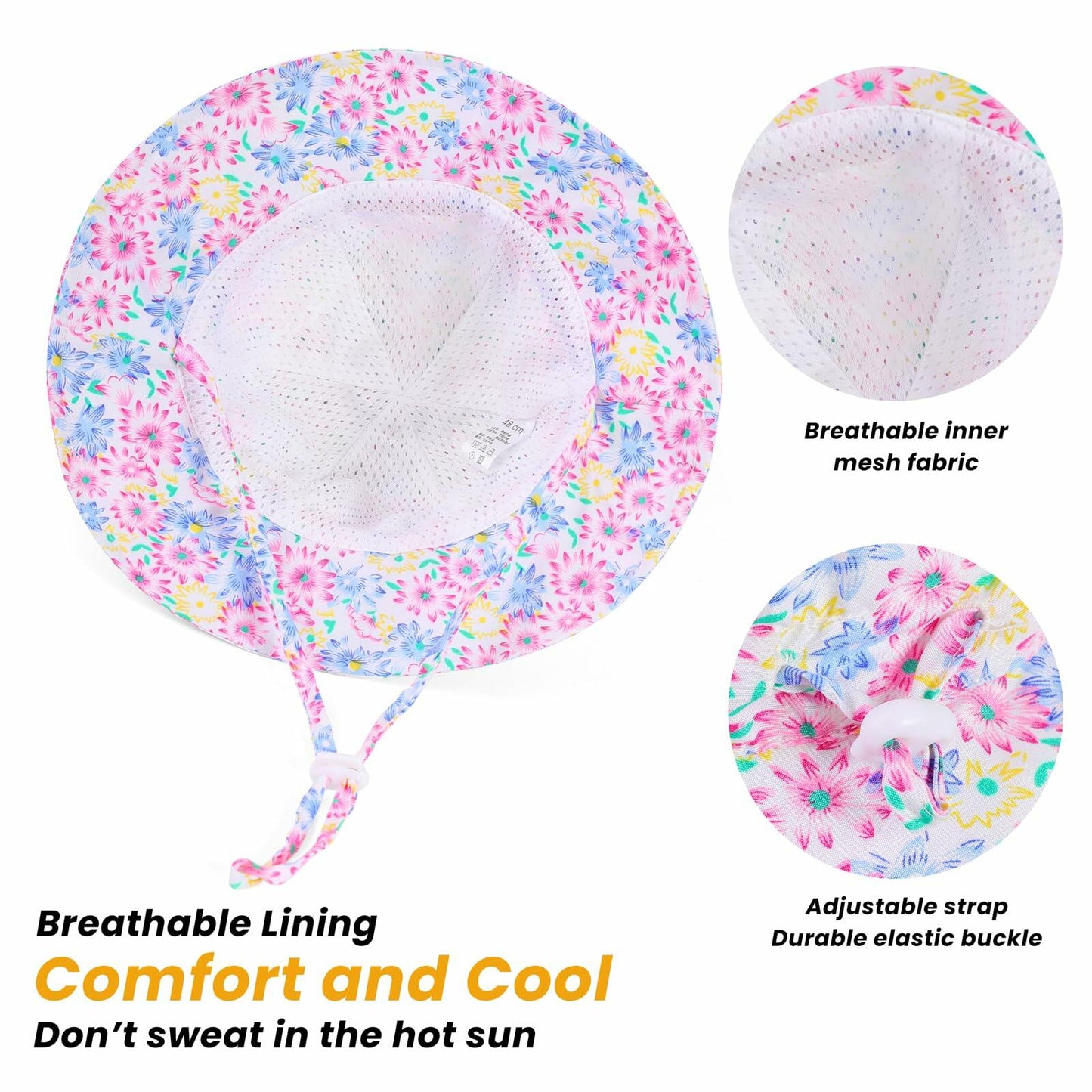 Huuflyty Baby Girl Adjustable Sun Hat Wide Brim UPF 50+ Floral Khaki Size 6-24M