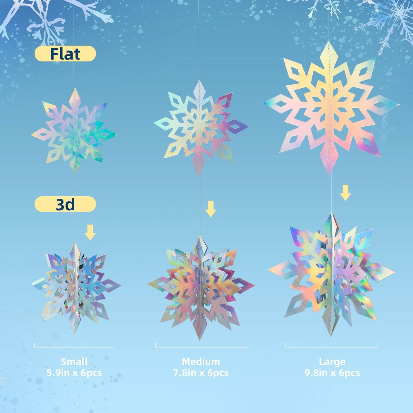 Geegoods 18PCS 3D Holographic Iridescent Snowflake Garland Christmas Decor