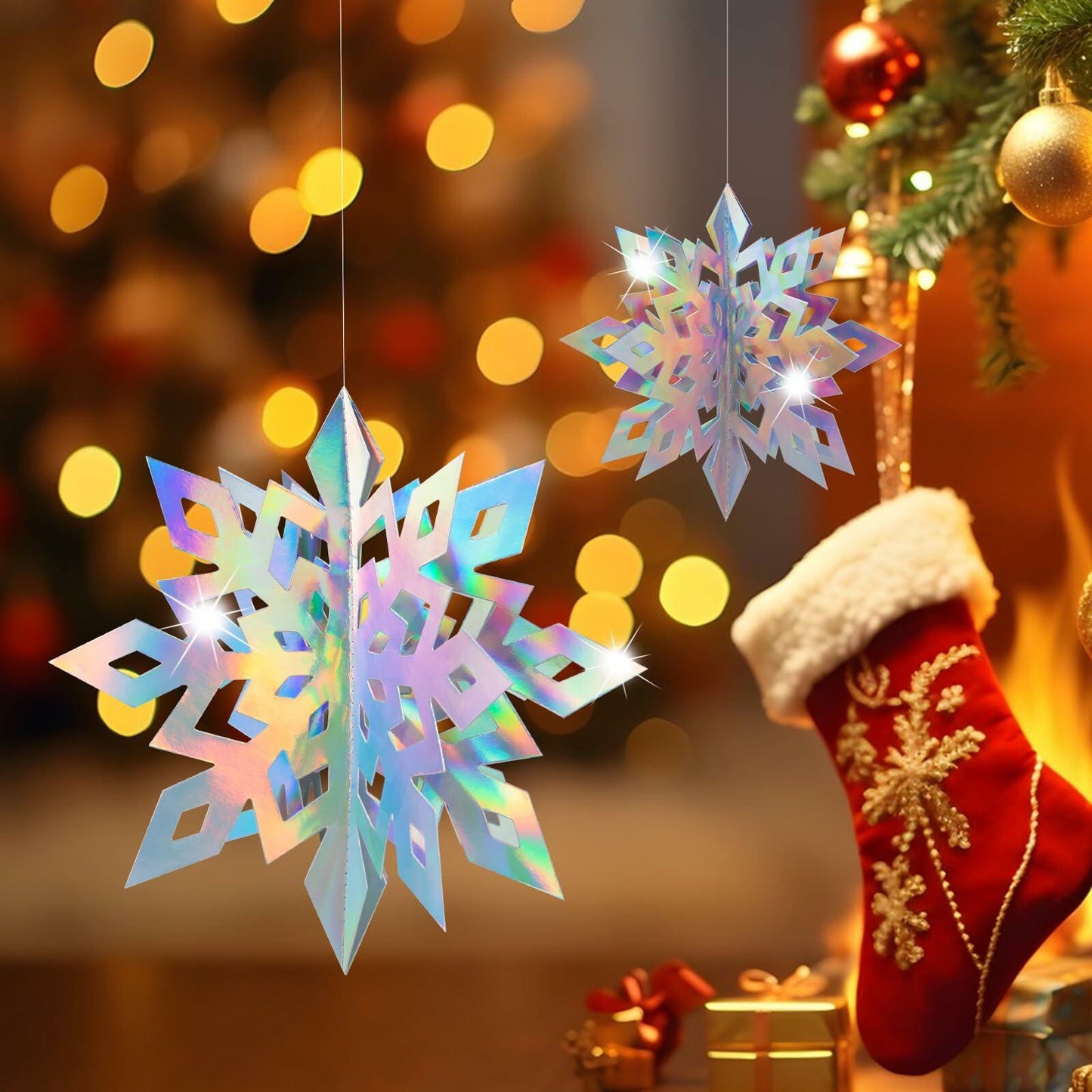 Geegoods 18PCS 3D Holographic Iridescent Snowflake Garland Christmas Decor