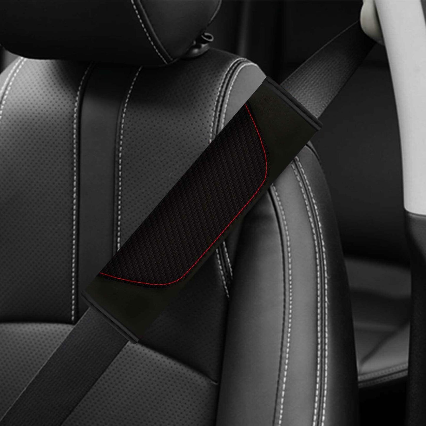 MVJAA Carbon Fiber Leather Seat Belt Covers, Thickening Pad, 2 Pack Black