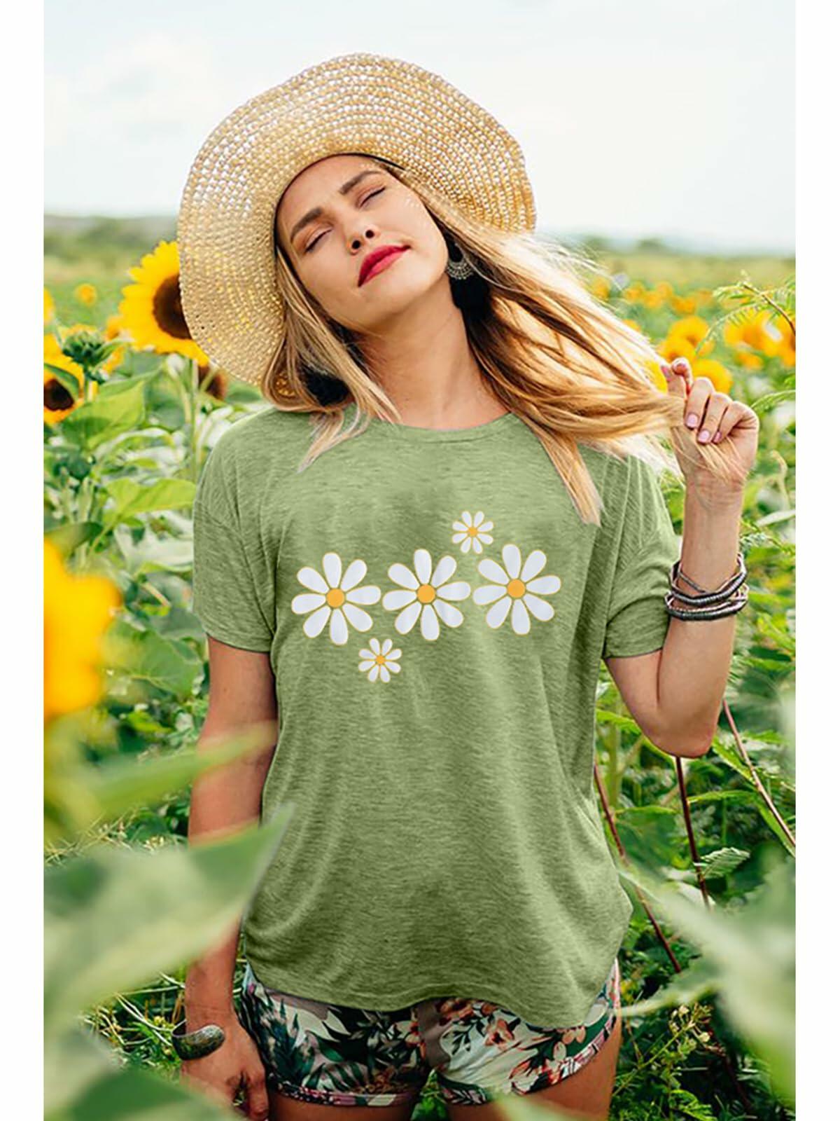 LUKYCILD Daisy Graphic Short Sleeve Summer Shirt Top Green Size M