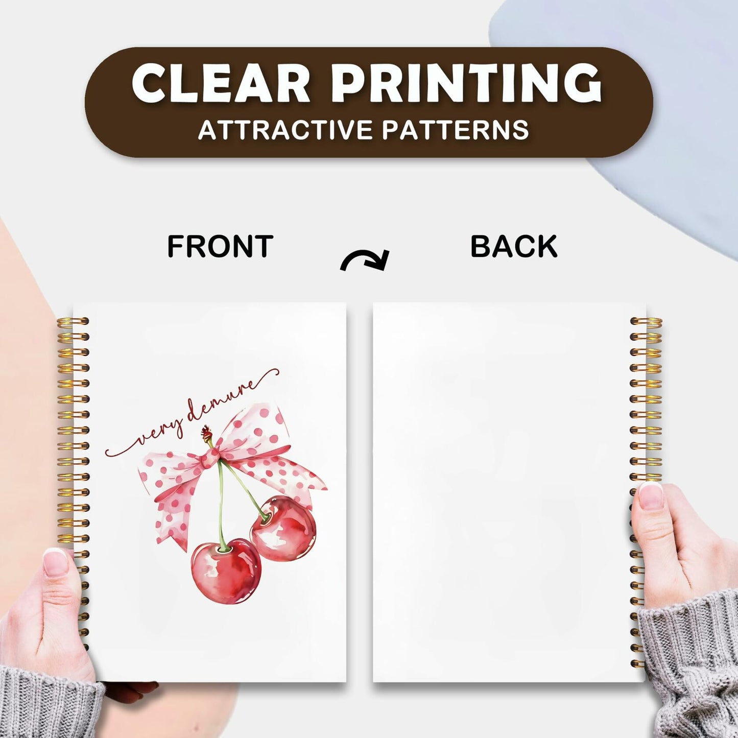 VIIJJUE Coquette Pink Bow Cherry Hardcover Spiral Notebook 5.5x8.3 Inch