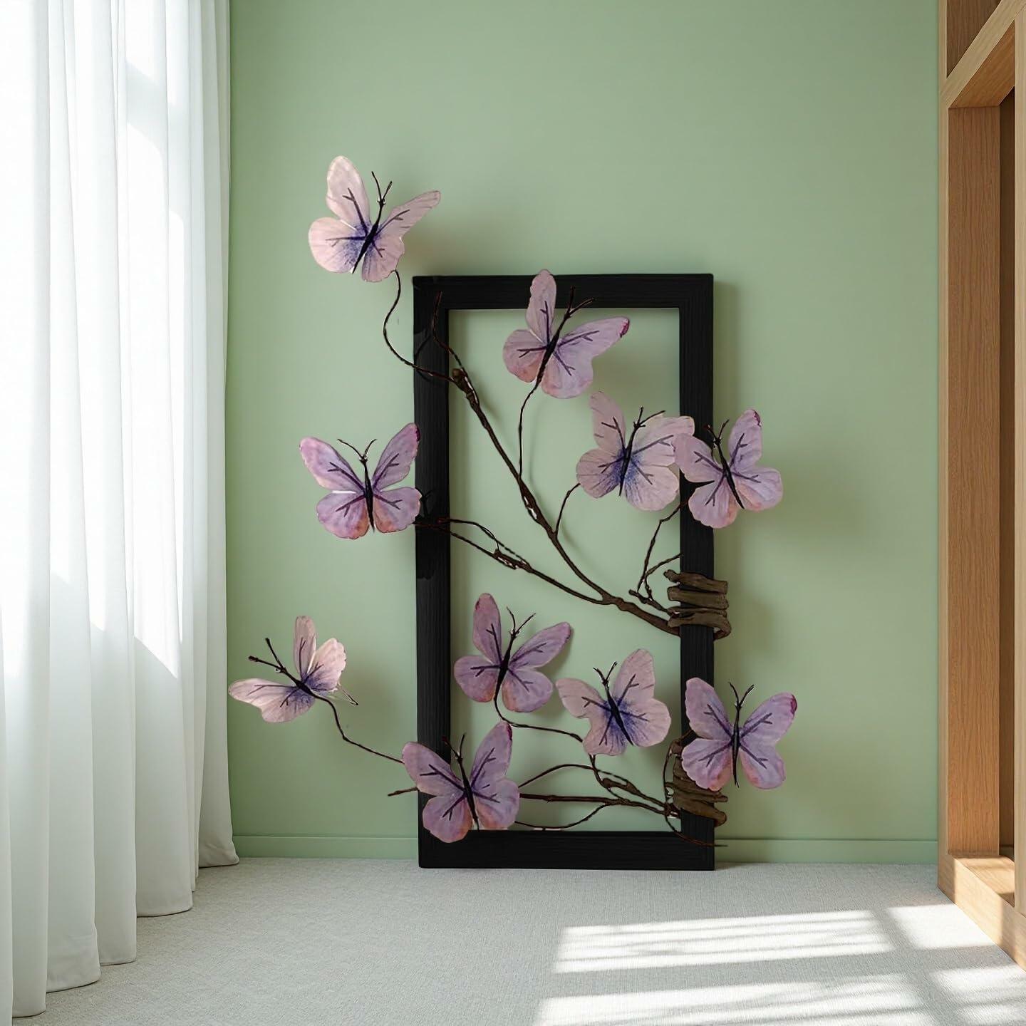 HMKAIJUFUL Handmade Butterfly Wall Art Wood Frame Blue Purple 16x8in