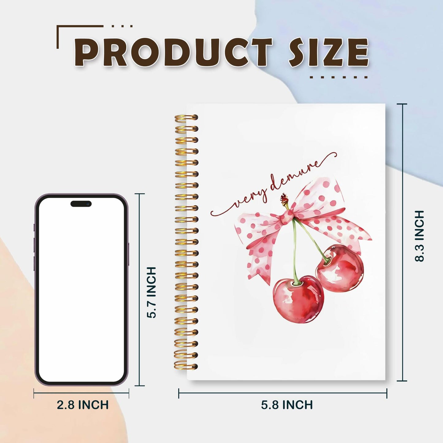 VIIJJUE Coquette Pink Bow Cherry Hardcover Spiral Notebook 5.5x8.3 Inch