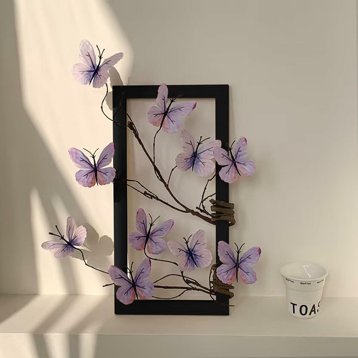 HMKAIJUFUL Handmade Butterfly Wall Art Wood Frame Blue Purple 16x8in
