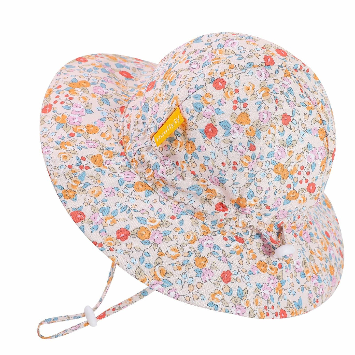 Huuflyty Baby Girl Adjustable Sun Hat Wide Brim UPF 50+ Floral Khaki Size 6-24M