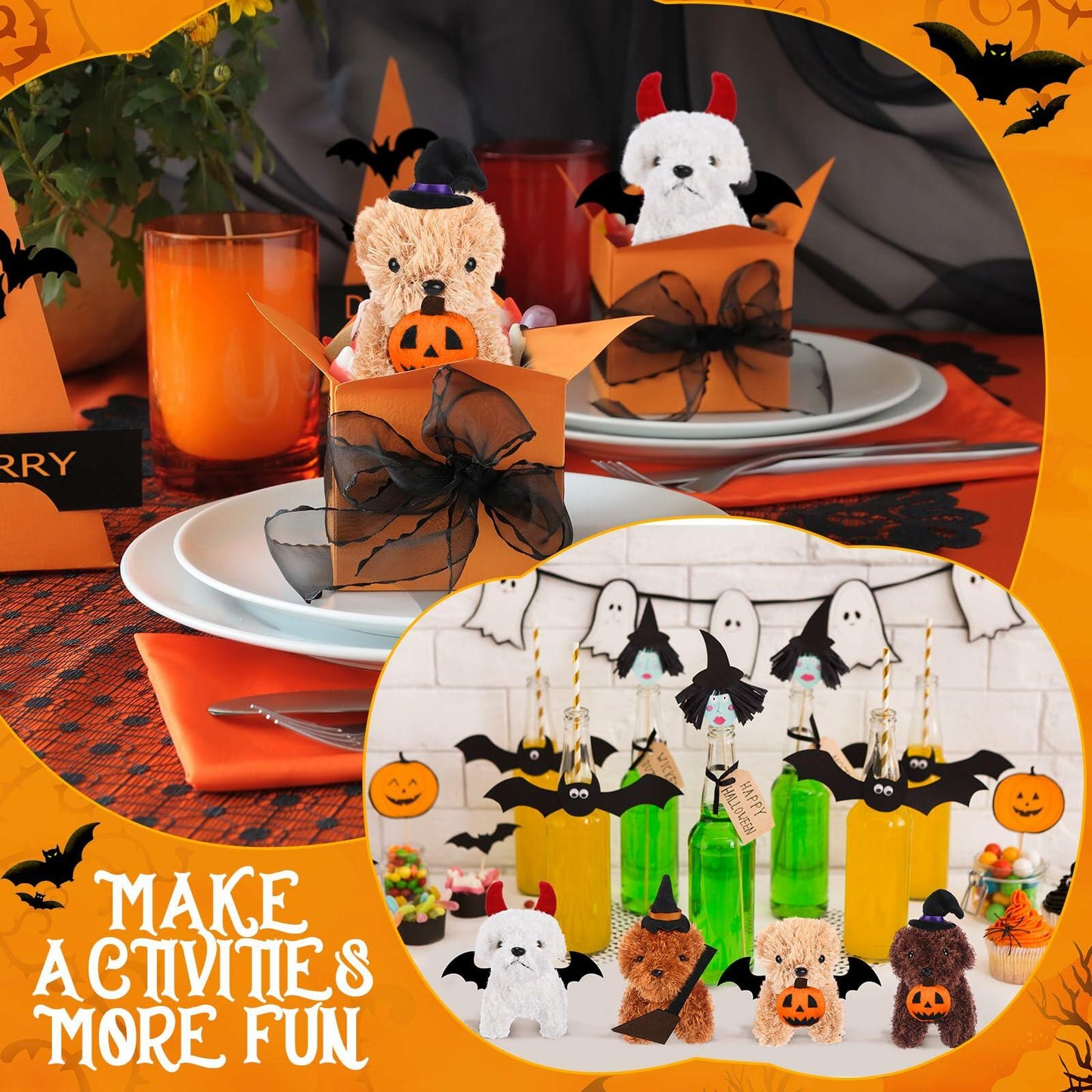 Vinsot Halloween Mini Dog Plush Toys 16pcs Bat Pumpkin 4" White Apricot Brown