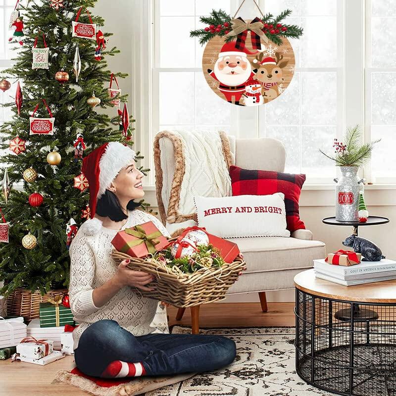 Aowotu Rustic Wooden Holiday Wreath Front Door Decor 12x12 Inch