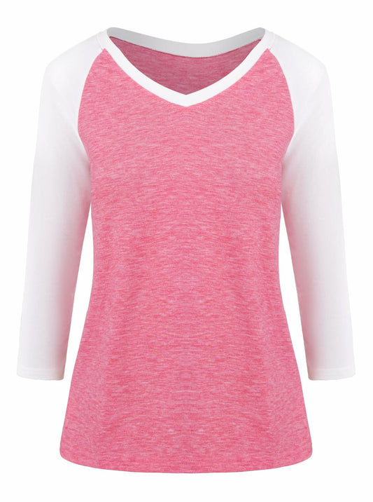 LilyCoco Womens 3/4 Sleeve V Neck Color Block Raglan T Shirt Pink Size M