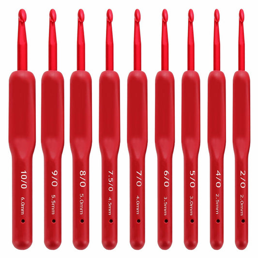 OYEUYID Red Crochet Hook Set 9 Sizes 2-6mm Soft Handle Aluminum