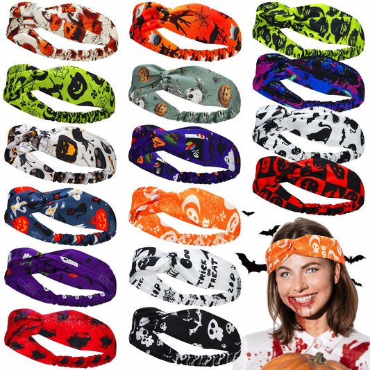 JaGely 16 Pcs Halloween Elastic Headbands Colorful Cartoon Non Slip