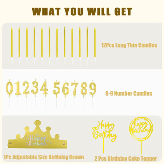 Chanseen 25Pcs Gold Birthday Candle Set Number 0-9 Metallic Long Thin