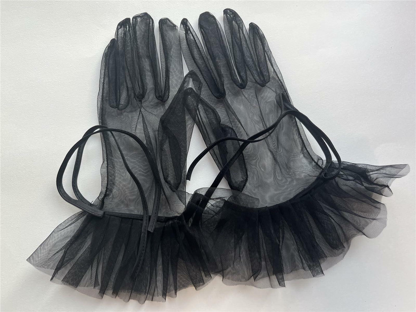 Women’s Ruffled Bow Mesh Wrist Gloves Tea Party Wedding Black
