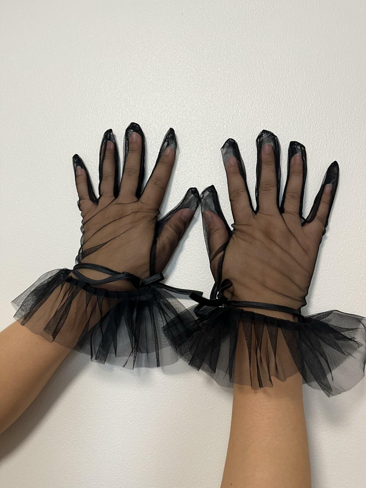 Women’s Ruffled Bow Mesh Wrist Gloves Tea Party Wedding Black